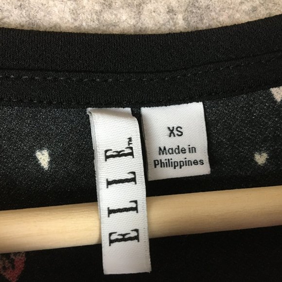 Elle Top XS Blouse Career Heart Print Crepe Black Accordion Pleat Sleeves Pink - Picture 8 of 13